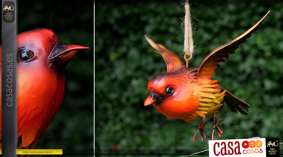 Pájaro de metal para colgar, en metal acabado rojo anaranjado, ambiente campestre, 17cm