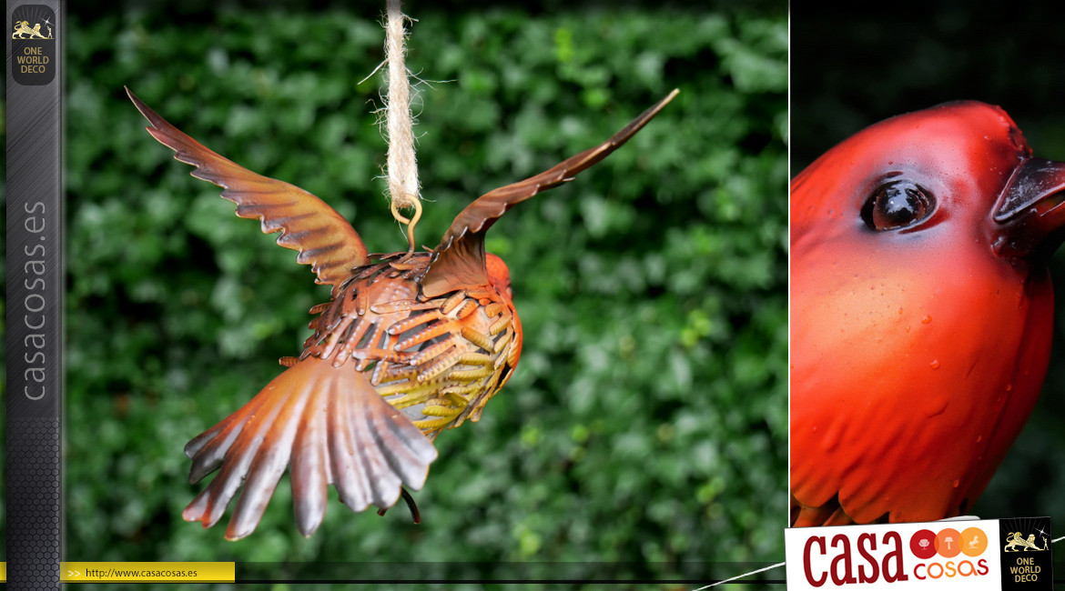 Pájaro de metal para colgar, en metal acabado rojo anaranjado, ambiente campestre, 17cm