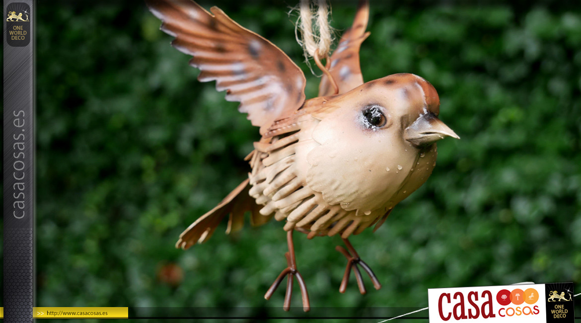 Pájaro de metal para colgar, en metal acabado marrón crema, ambiente campestre, 17cm