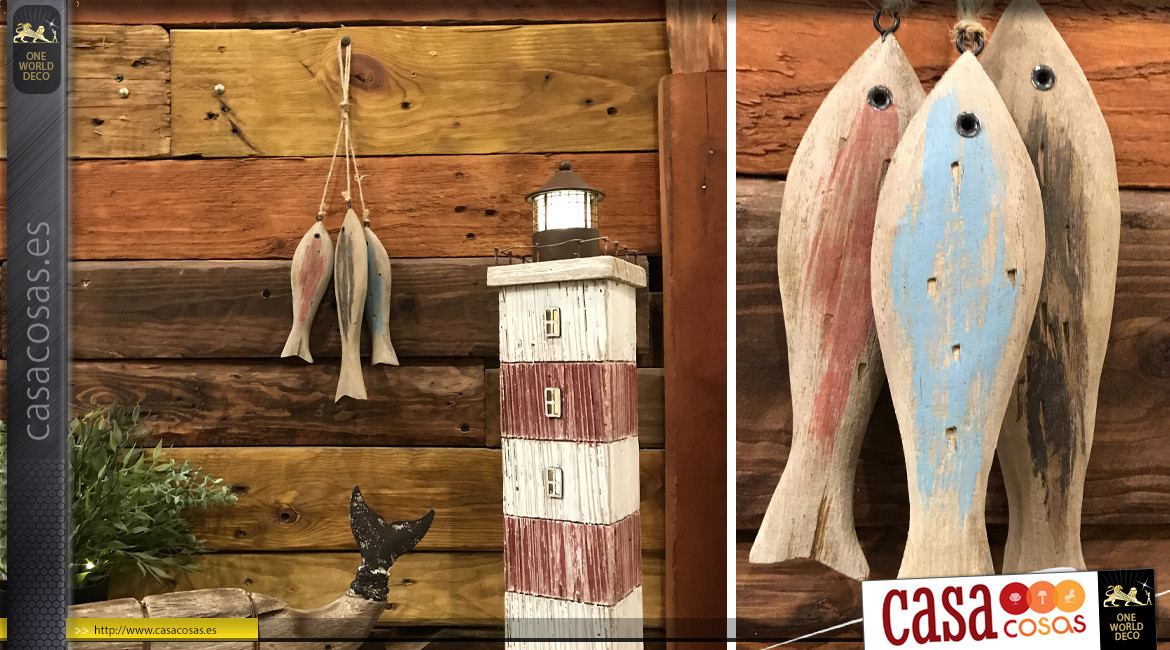 Decoración colgante de madera en forma de pez, acabado en color vintage, espíritu marinero, 34cm