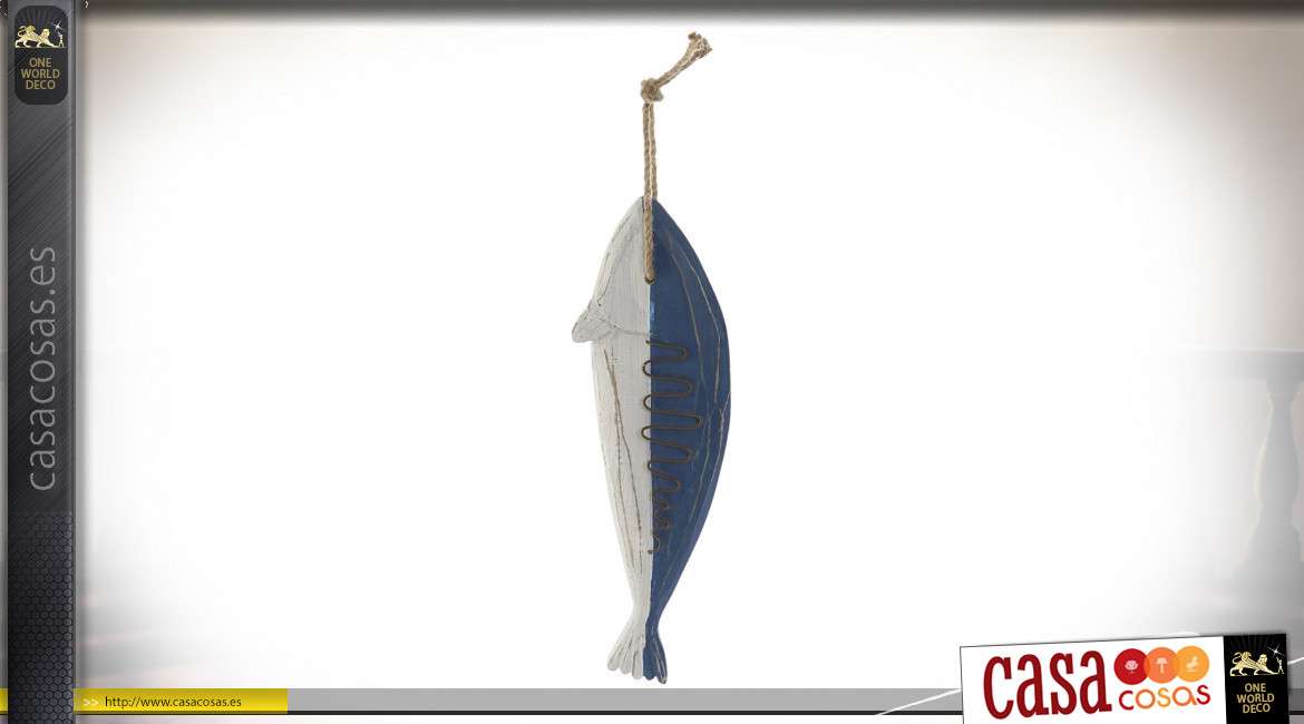 Decoración colgante en forma de gran pez de madera, acabados desgastados en azul y blanco, estilo vintage marinero, 60cm