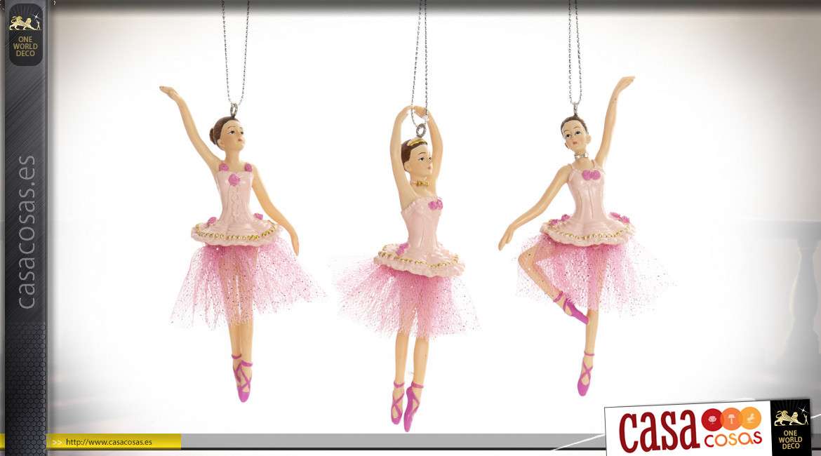 Serie de tres bailarinas clásicas para colgar, en resina de colores con cadena de suspensión, estilo infantil, 12cm