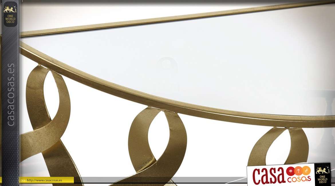 Consola de diseño de cristal, forma de media luna de metal en acabado dorado  120 cm.