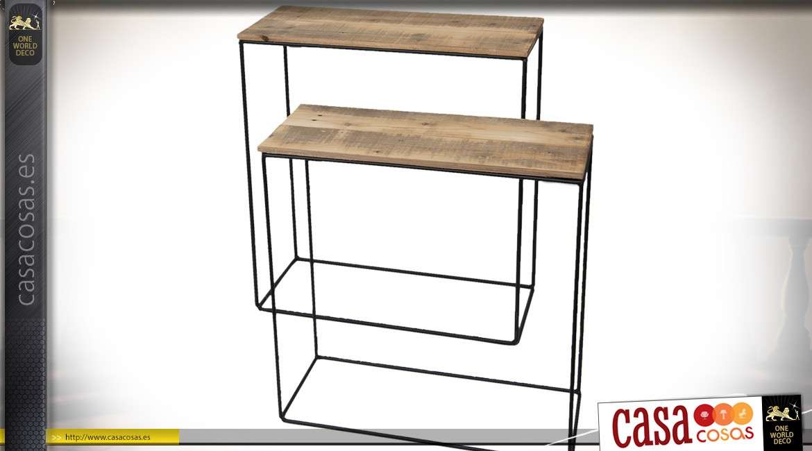 Serie de dos mesas / consolas de madera reciclada y metal estilo indus 65 cm.