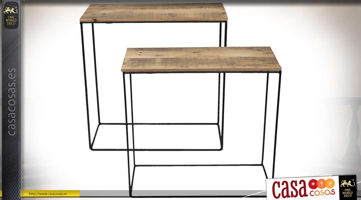 Serie de dos mesas / consolas de madera reciclada y metal estilo indus 65 cm.