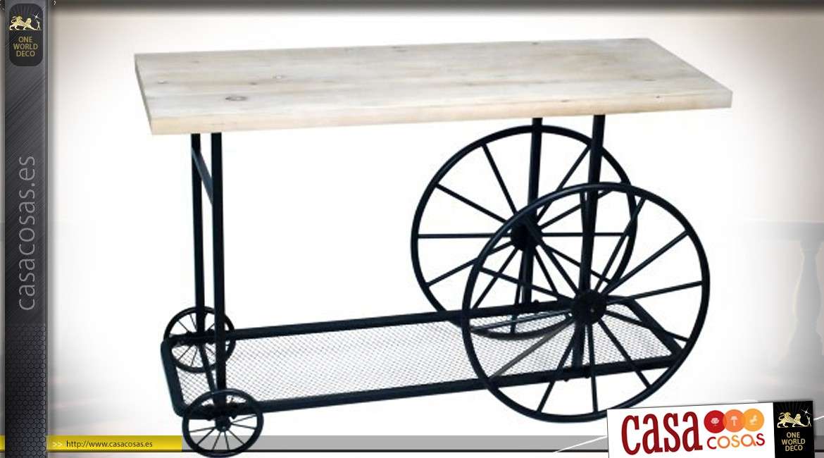 Mesa consola original con forma de carro antiguo de madera clara y metal negro 120 cm