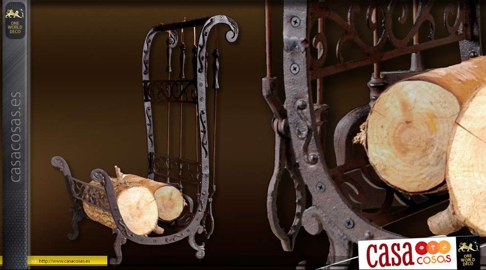 Kit de chimenea de hierro forjado: cesta para leña y criado de chimenea con accesorios.