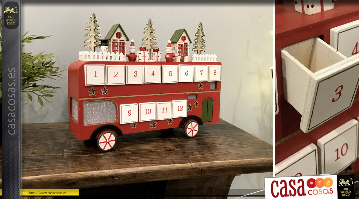 Calendario de adviento de madera en forma de autobús con pueblo decorativo en el techo, ambiente navideño, 31cm