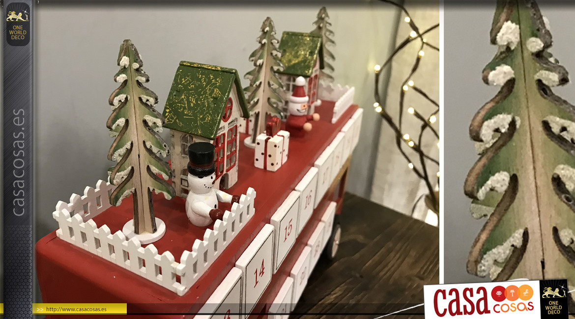 Calendario de adviento de madera en forma de autobús con pueblo decorativo en el techo, ambiente navideño, 31cm