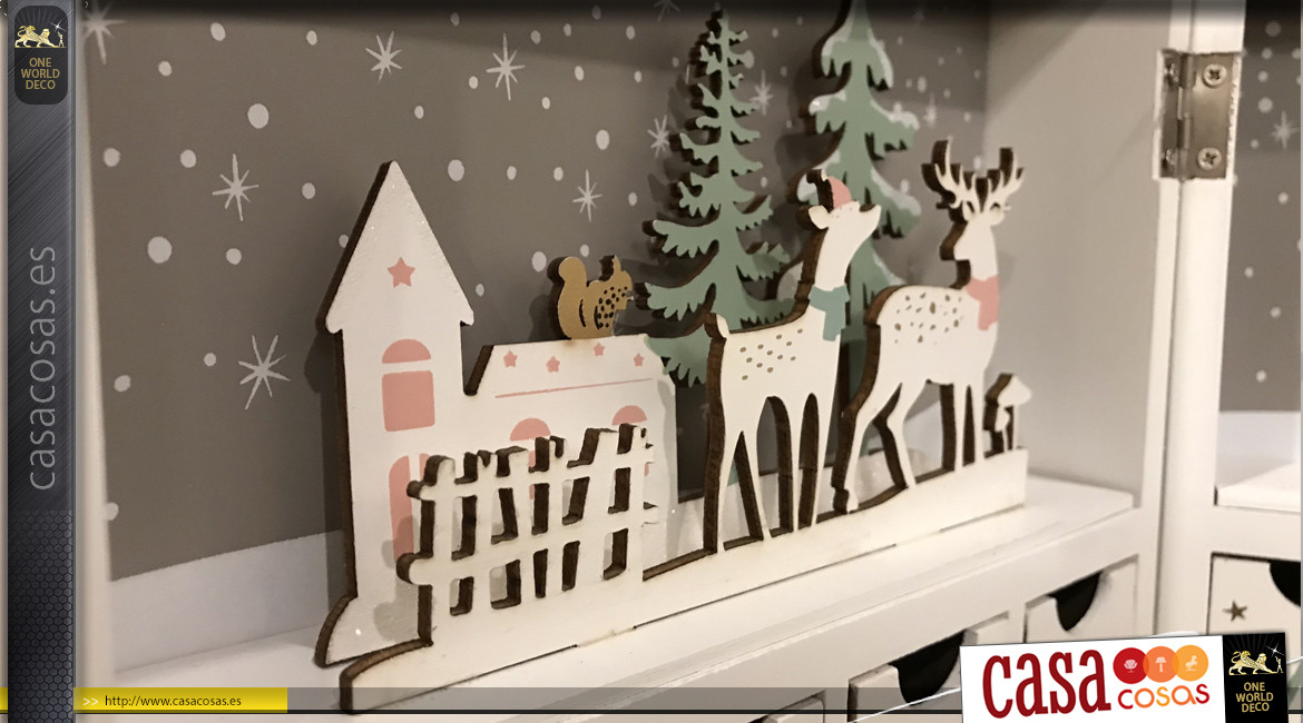 Calendario de Adviento en madera blanqueada, apertura de libro, recortes de renos y bosques, ambiente navideño, 42cm