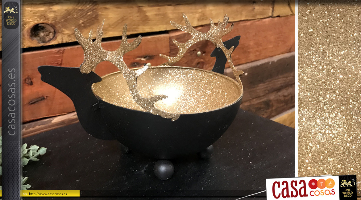 Centro de mesa de metal con decoración de renos en las asas, ambiente navideño, 23cm