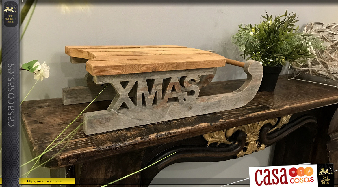 Decoración navideña de madera, representación de un trineo en acabado gris viejo y madera natural, 46cm