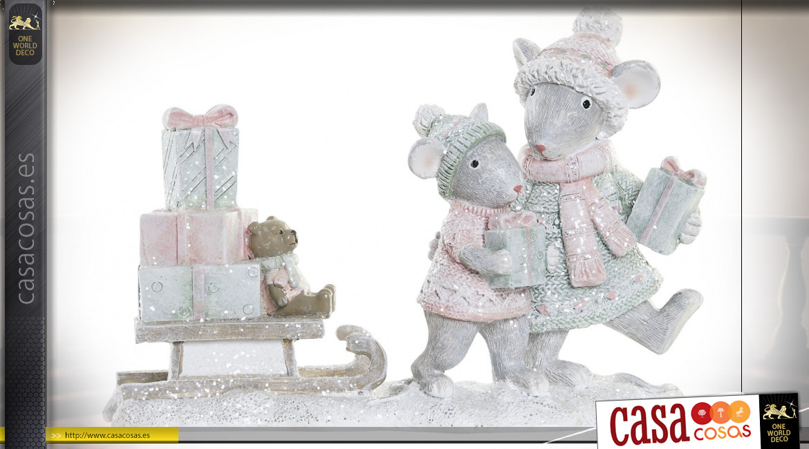 Figura de resina de una pareja de ratones, ambiente navideño, 16 cm