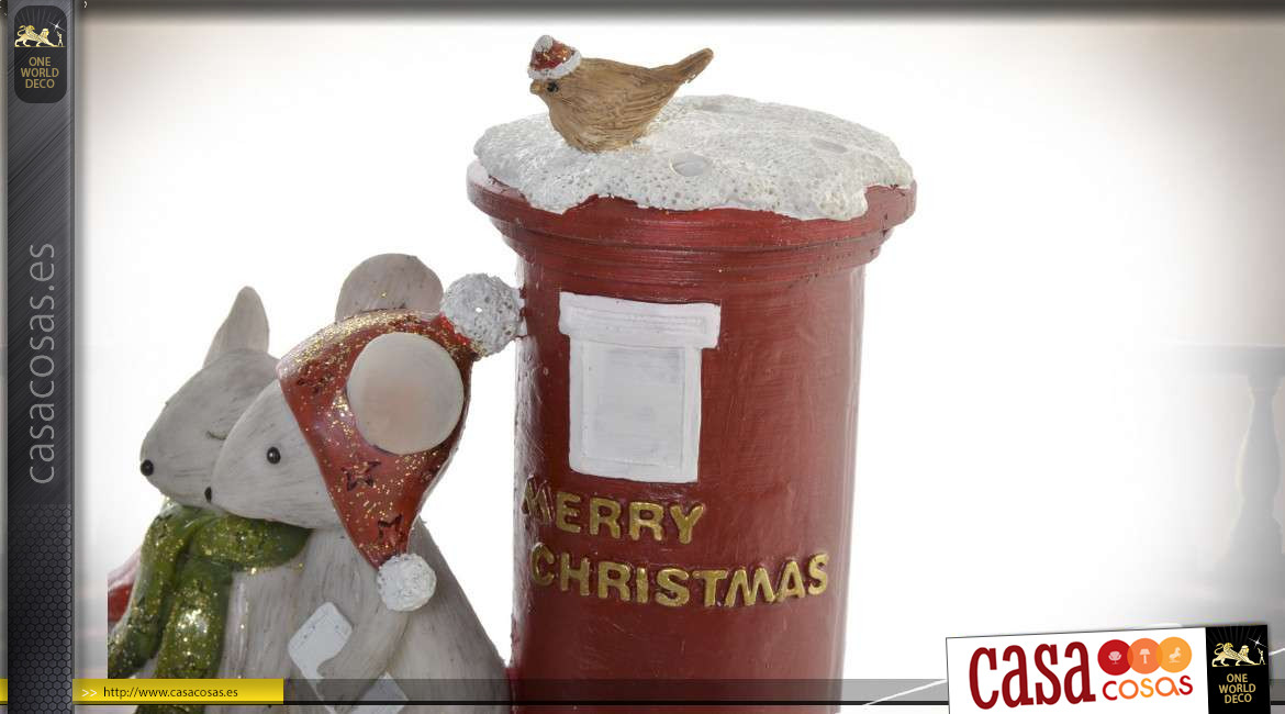 Representación de un par de ratones en resina, tema navideño, ambiente frío de invierno, 11cm.