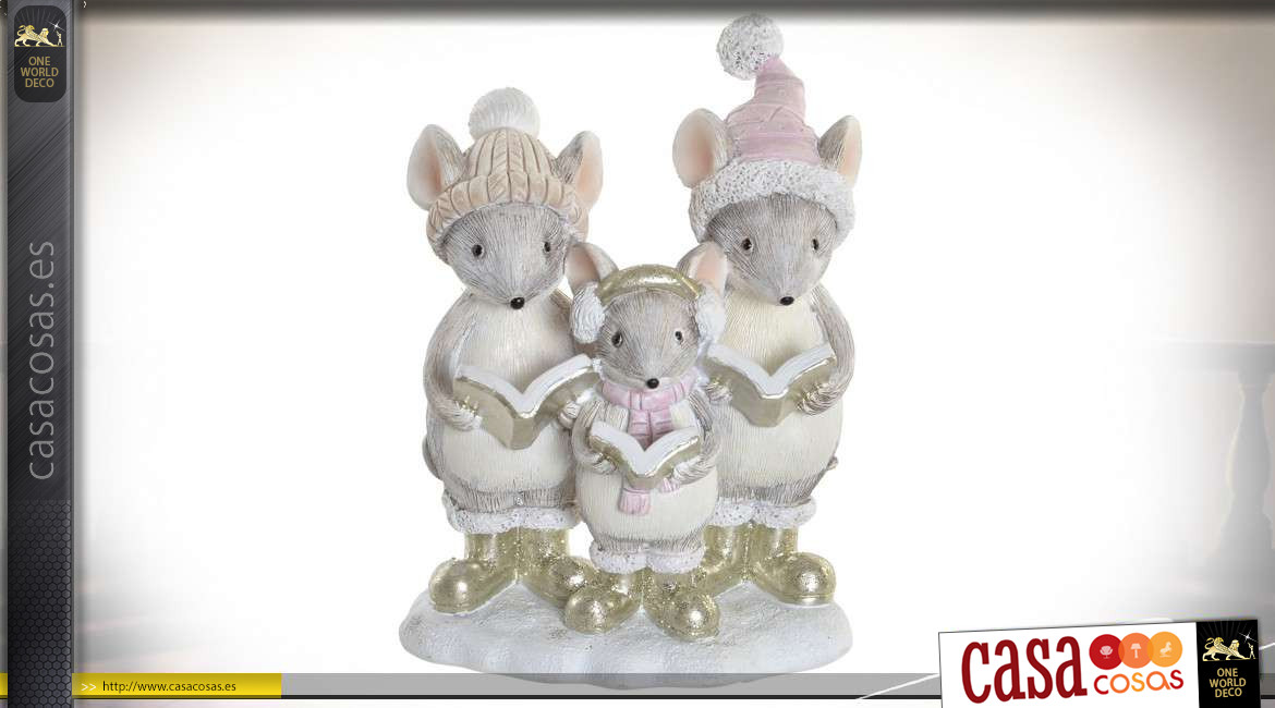 Representación de una familia de ratones, en resina con destellos, ambiente navideño, 10cm