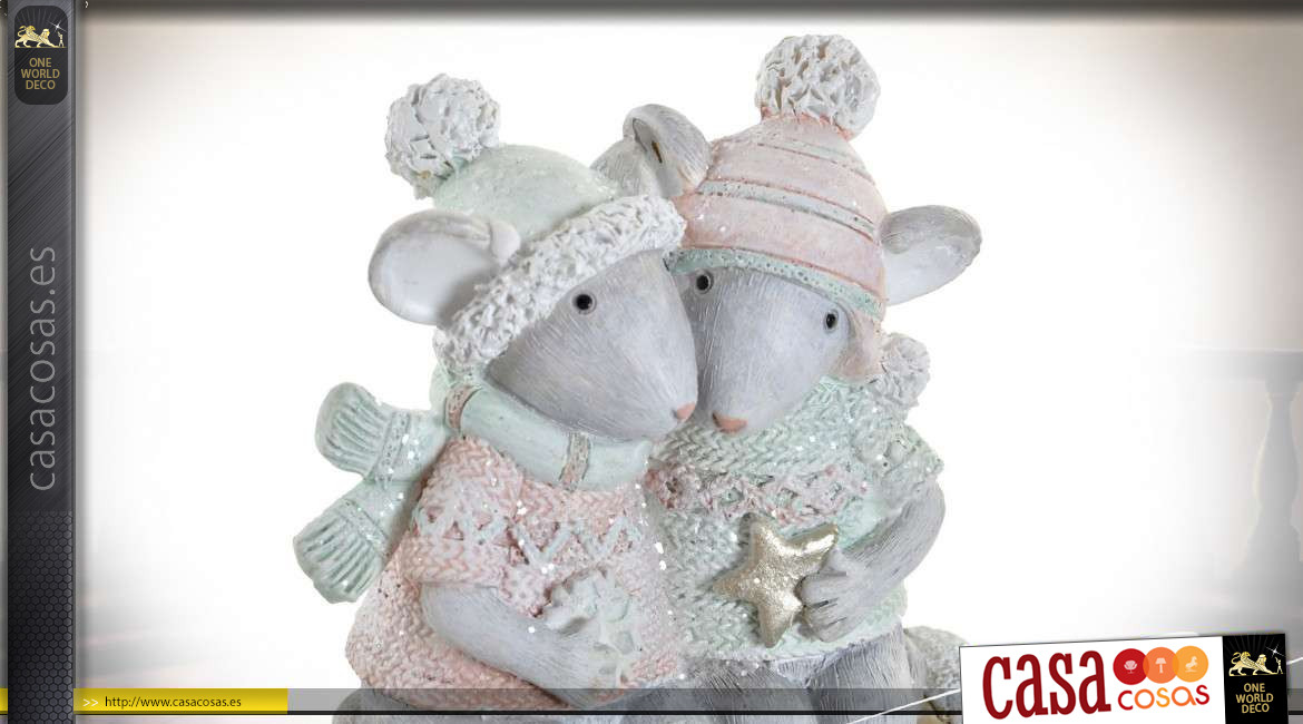 Representación de una pareja de ratones en resina, acabado brillante atmósfera navideña, 11cm