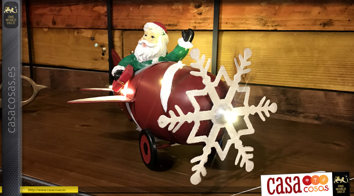 Representación en metal de Papá Noel en un avión, iluminación LED integrada, 34cm