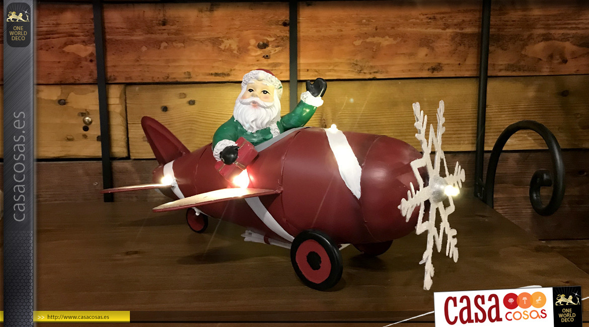 Representación en metal de Papá Noel en un avión, iluminación LED integrada, 34cm