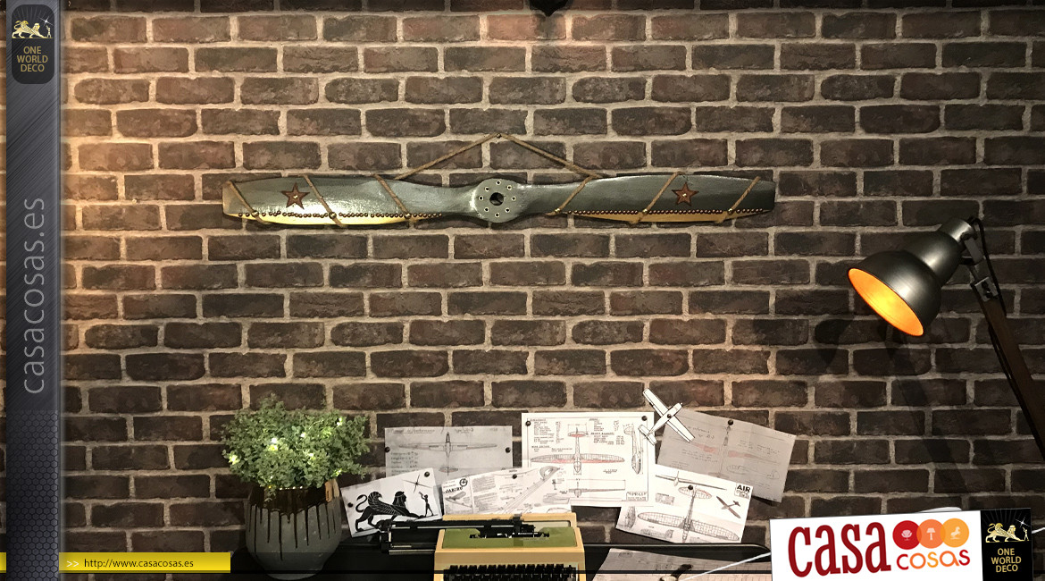 Hélice de avión decorativa en madera y adornos en metal, cuerda y cuero, modelo Douglas 0-38, 120cm