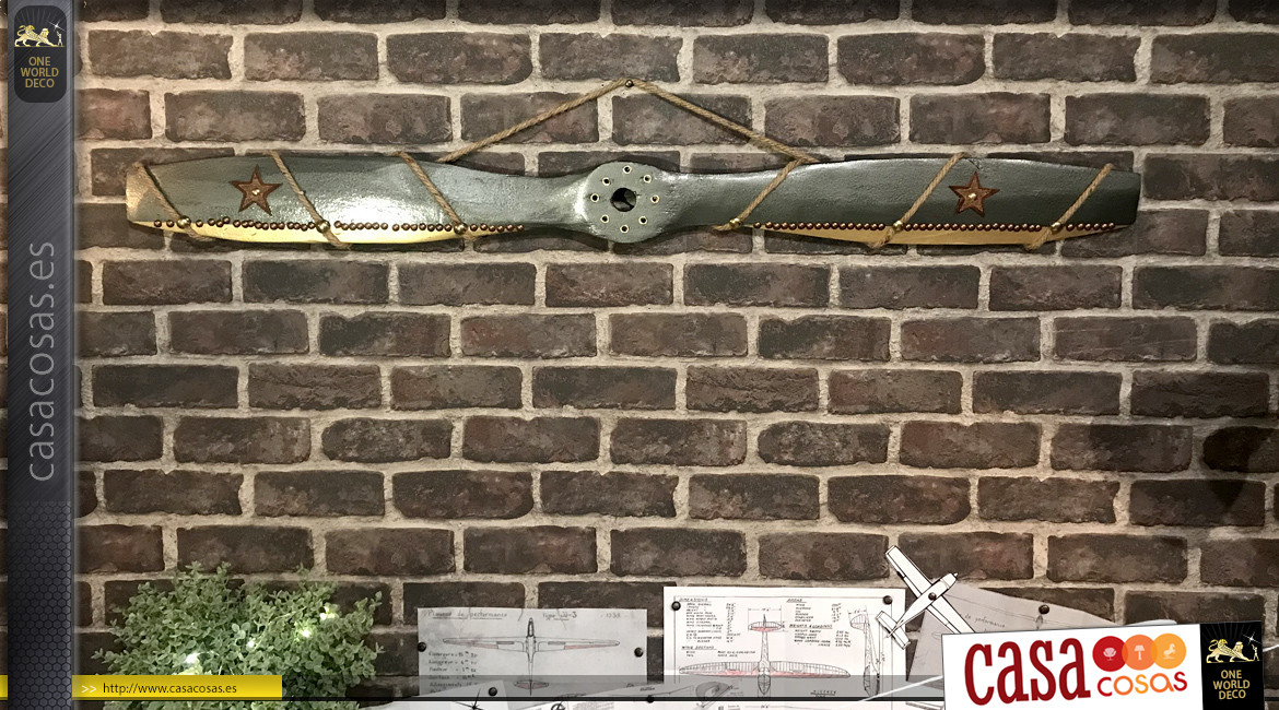 Hélice de avión decorativa en madera y adornos en metal, cuerda y cuero, modelo Douglas 0-38, 120cm