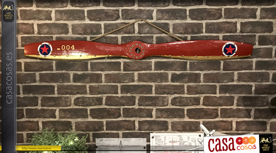 Hélice de avión de madera decorativa, fondo rojo inglés y adornos de metal efecto latón, modelo Royal Aircraft Factory SE5 de 1917, 120cm