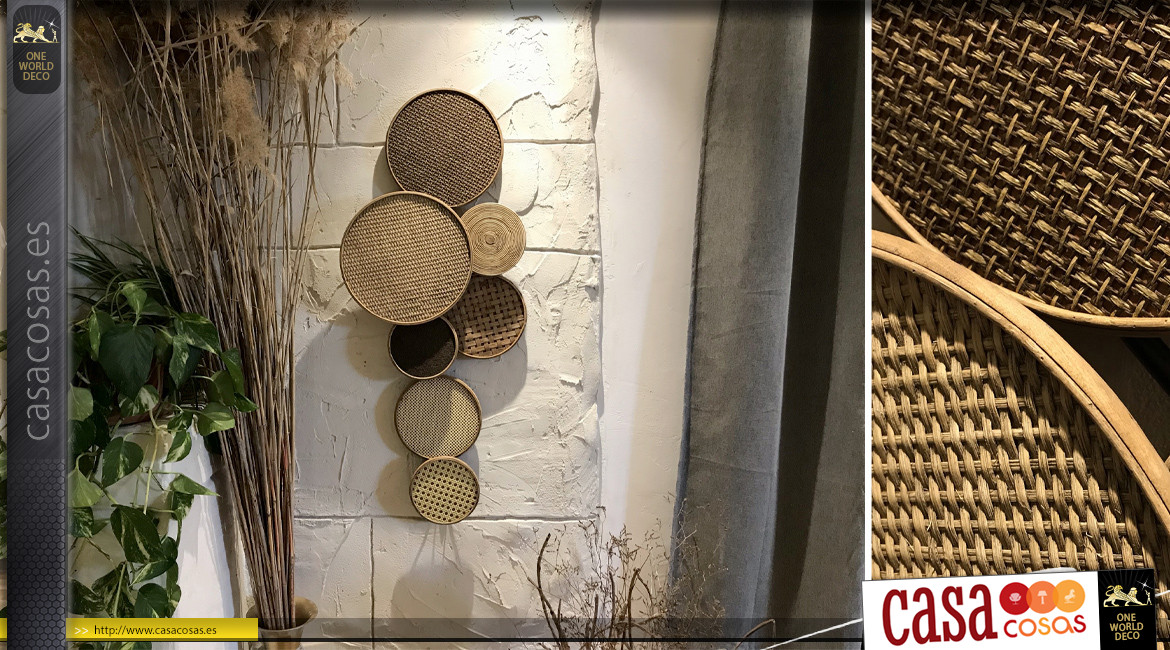 Deco de pared de ratán y mimbre, formas de disco, ambiente de naturaleza moderna, 100 cm