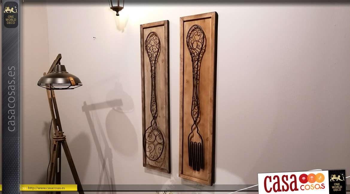 Dúo de decoraciones de pared grande tenedor y cuchara en madera y metal 99 cm