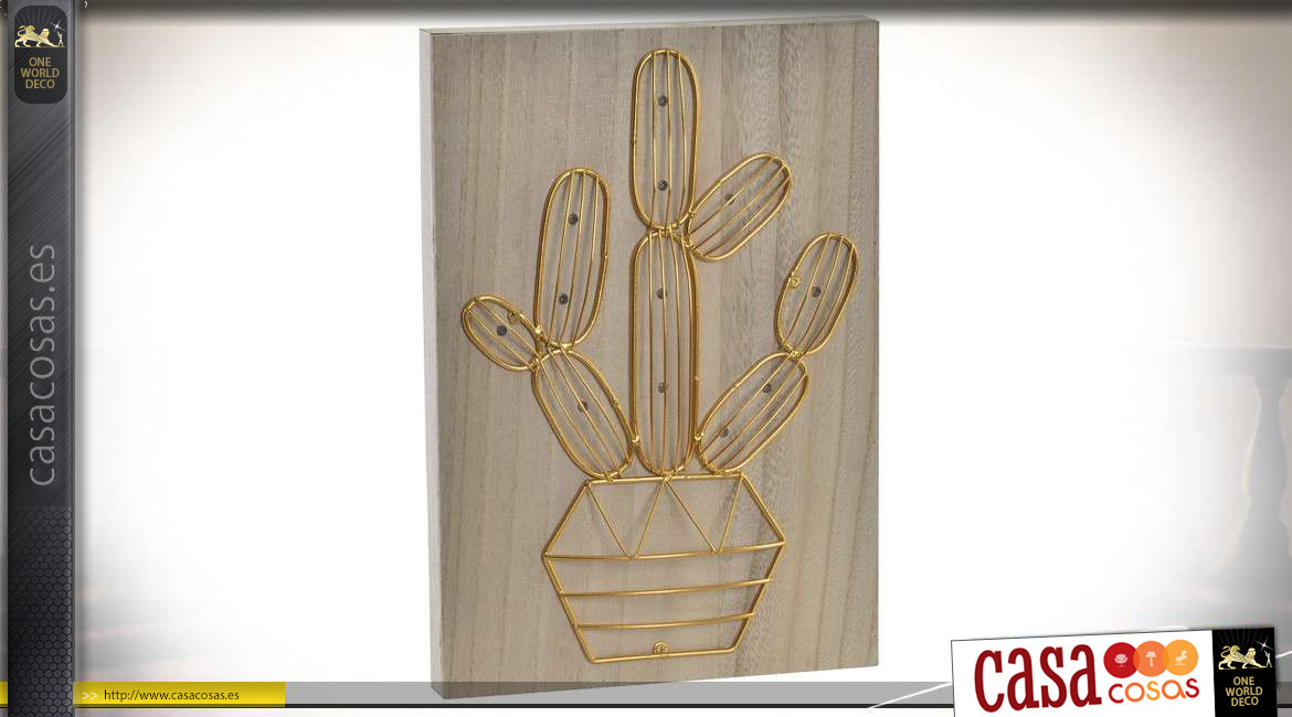 Marco de madera y metal con LED integrado que representa un cactus mexicano, ambiente sencillo y moderno, 34cm