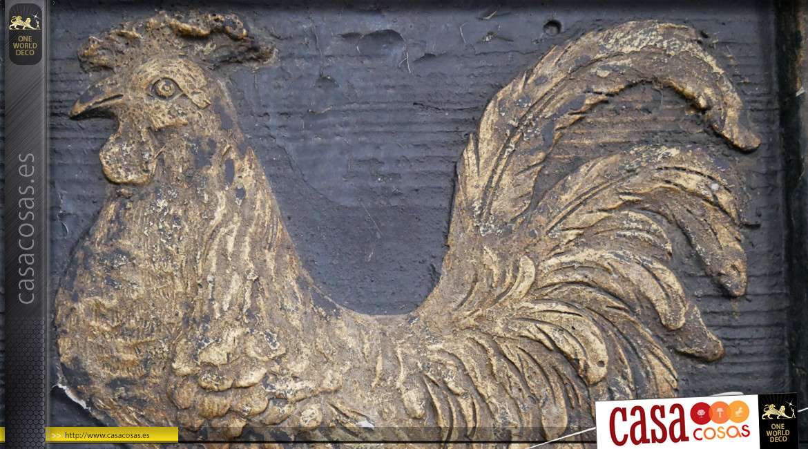 Marco de pared de madera efecto metal negro oxidado viejo, gallo central acabado oro viejo, espíritu de mercadillo, 50cm