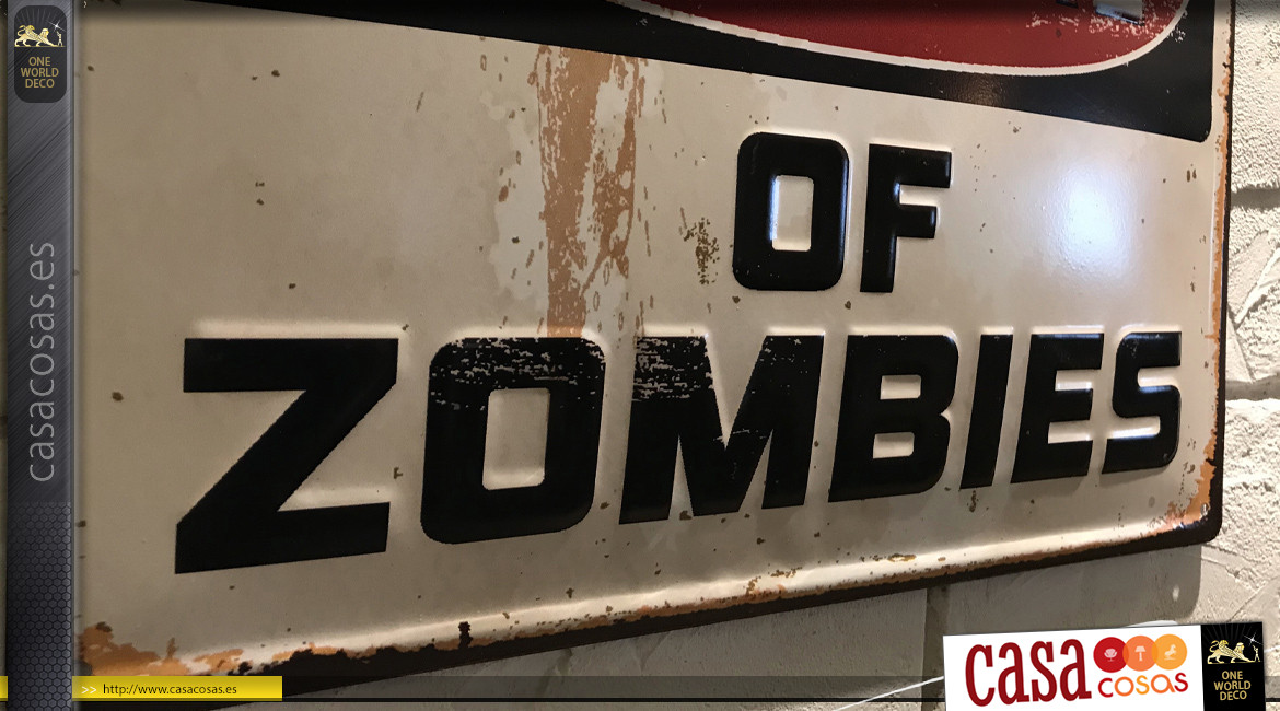 Placa de pared de metal, Cuidado con los zombis, acabado efecto envejecido y oxidado, 40cm