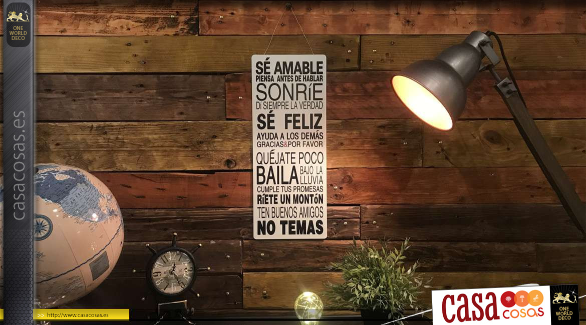 Placa de pared metálica con reglas de vida escritas en español, fondo blanco y letras negras, 50cm