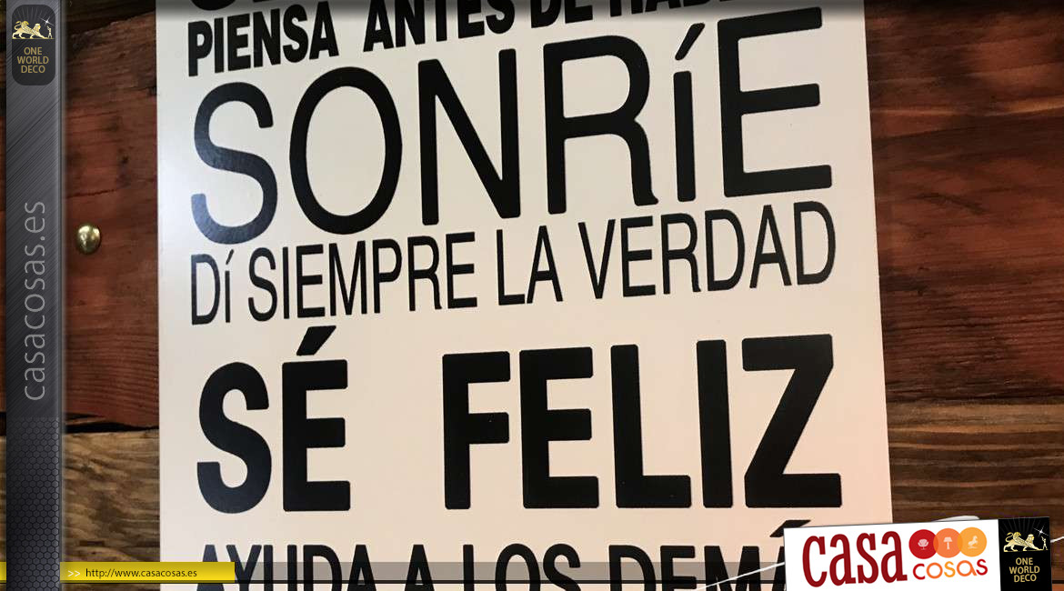 Placa de pared metálica con reglas de vida escritas en español, fondo blanco y letras negras, 50cm