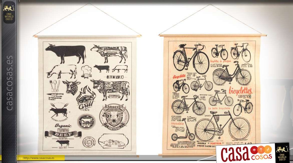 Serie de 2 lienzos colgantes de estilo vintage: bicicletas y bueyes 95 cm