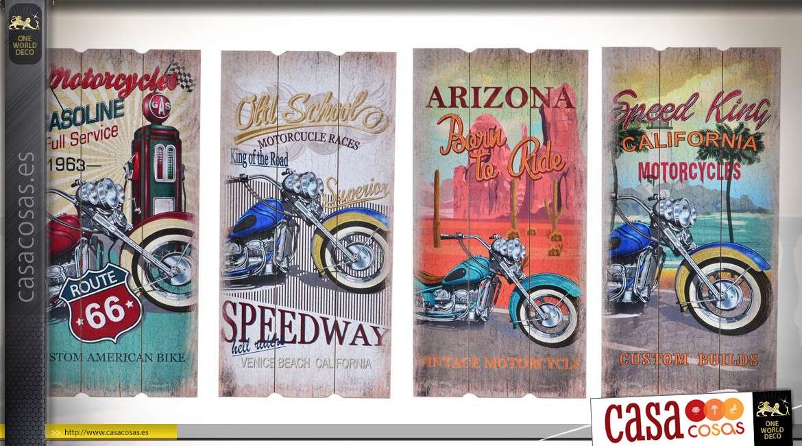 Conjunto de 4 decoraciones de pared de madera de estilo vintage motos antiguas US 60 x 30 cm