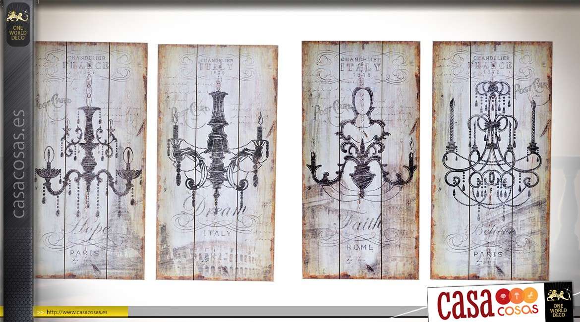 Conjunto de 4 decoraciones vintage en viejos candelabros viejos con dibujos de madera