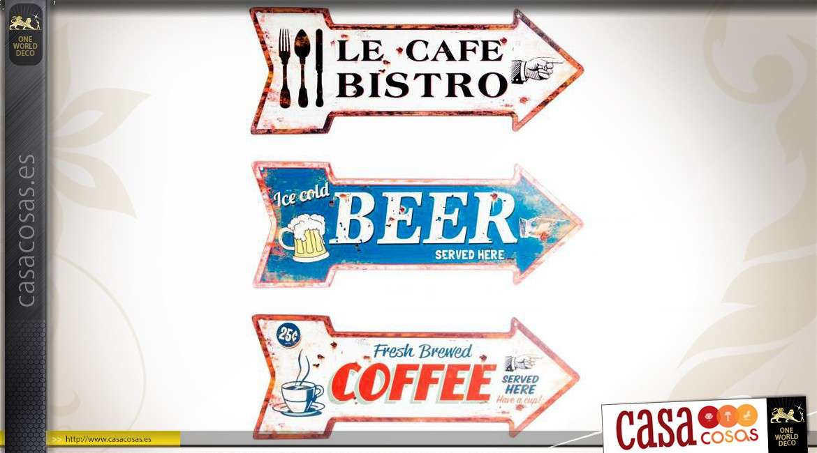 Tres signos indicativos vintage en barra de metal cerveza y café