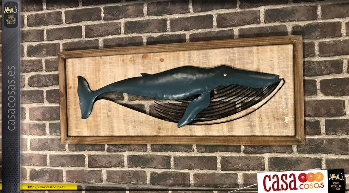 Gran decoración en madera y metal: ballena en relieve en el marco de madera envejecida