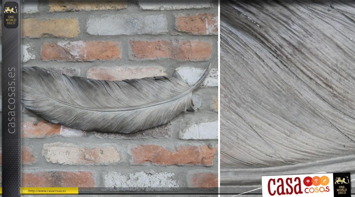 Pluma de decoración de pared de resina de 58 cm de largo, acabado gris, ambiente romántico