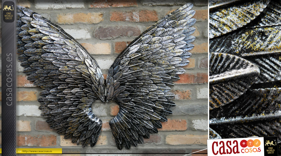 Par de alas de pared de metal, acabado plateado y negro envejecido, 90 cm