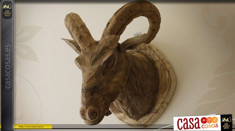 Decoración de pared tallada de madera trofeo cabeza de cabra