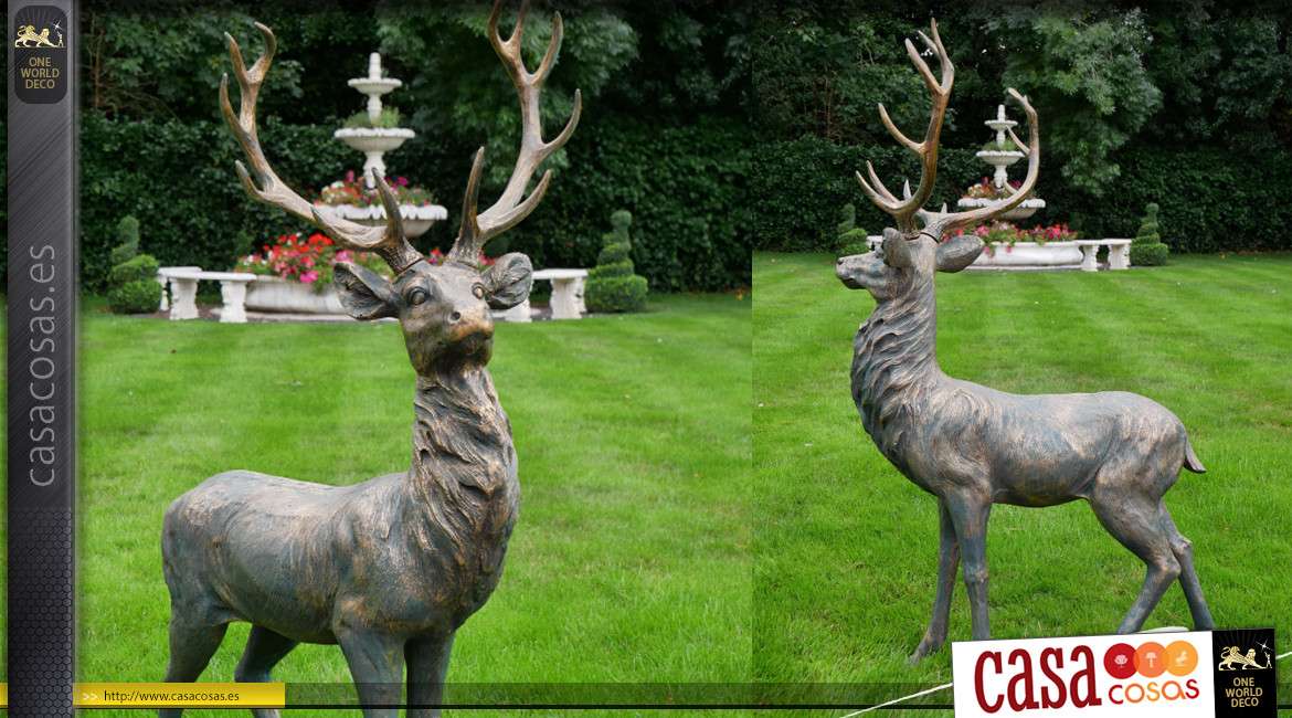 Representación de un ciervo con grandes astas, acabado bronce envejecido, en compuesto imitación metal, 132cm