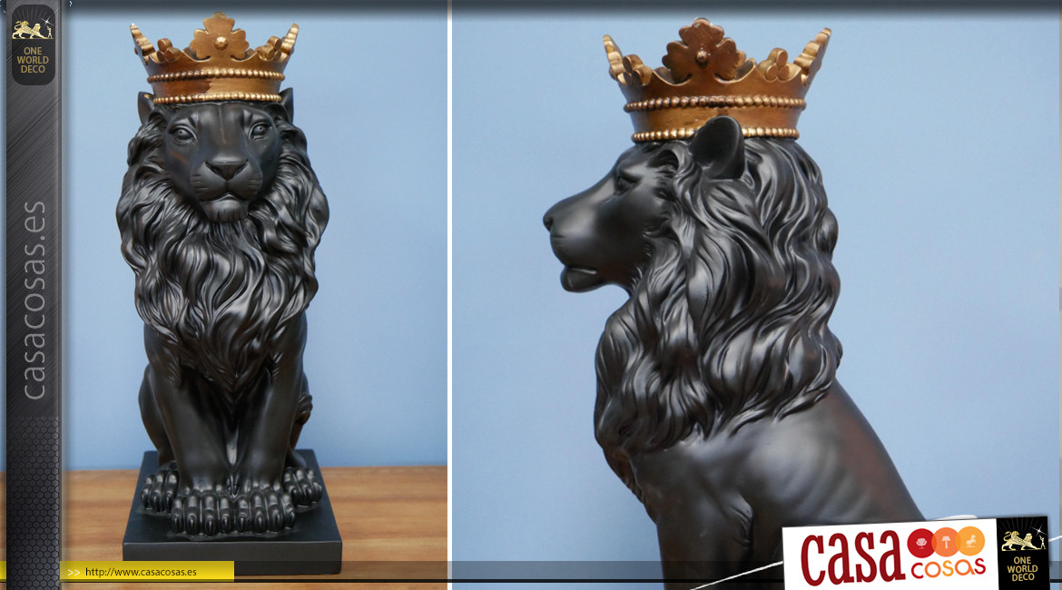 Majestuoso león coronado, montado sobre peana, acabado ébano negro y oro antiguo, ambientación imperial, 36cm