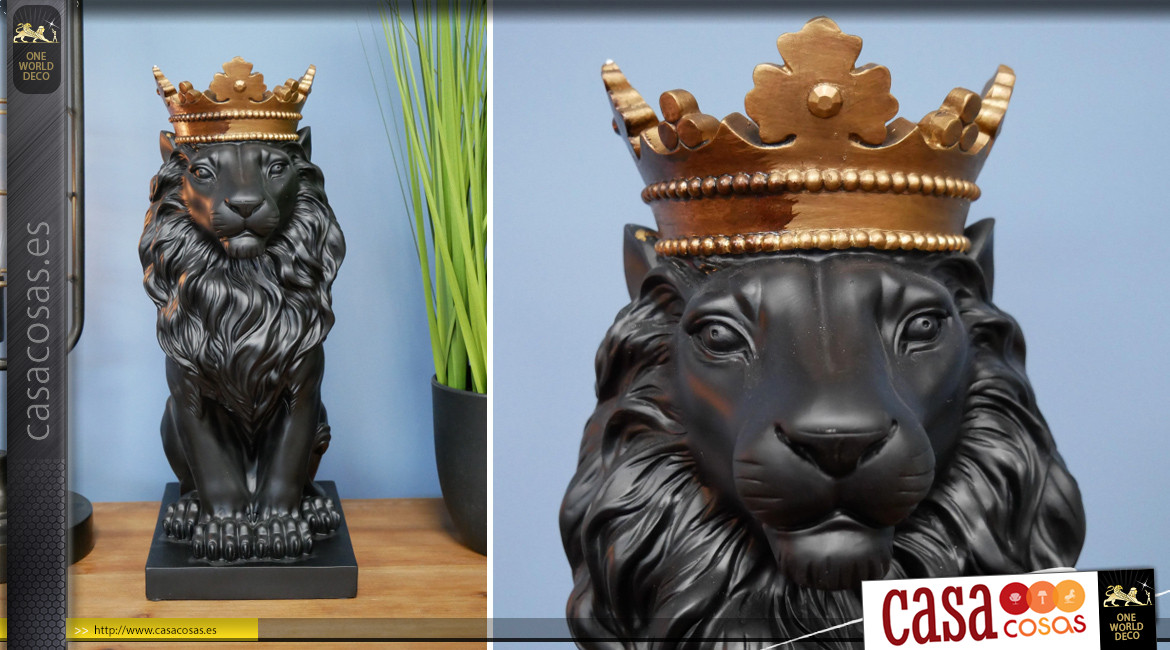 Majestuoso león coronado, montado sobre peana, acabado ébano negro y oro antiguo, ambientación imperial, 36cm