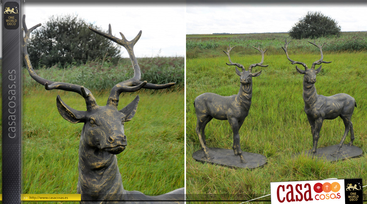 Pareja de ciervos de hierro fundido, mirando a derecha e izquierda, gran escultura de jardín con acabado efecto envejecido, 154cm