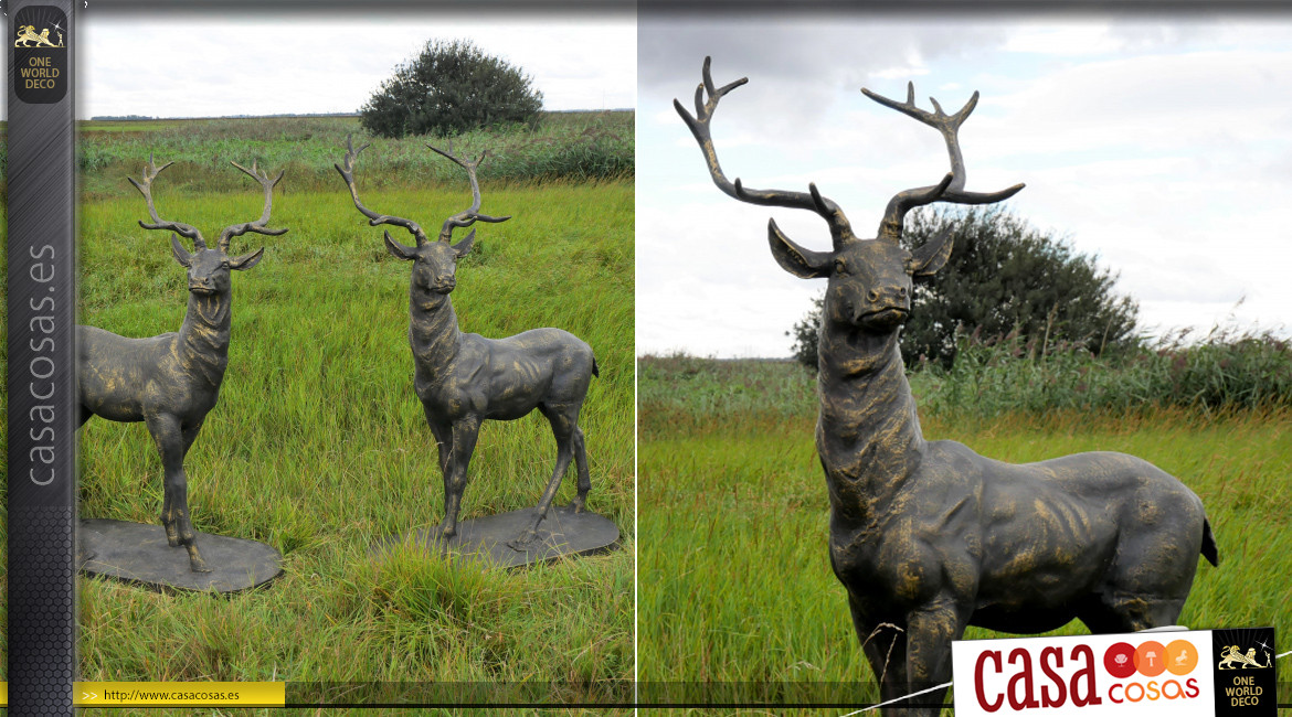 Pareja de ciervos de hierro fundido, mirando a derecha e izquierda, gran escultura de jardín con acabado efecto envejecido, 154cm