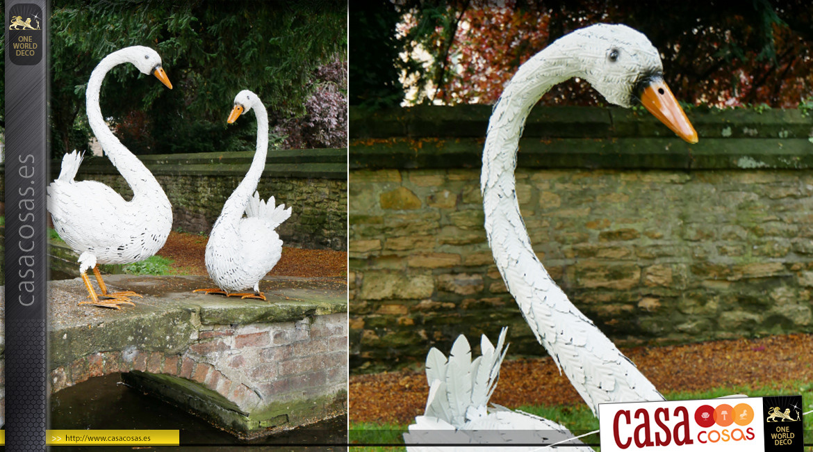 Gran cisne de jardín en metal con acabado blanco, ornamentación de encantadores parques y jardines, 116cm