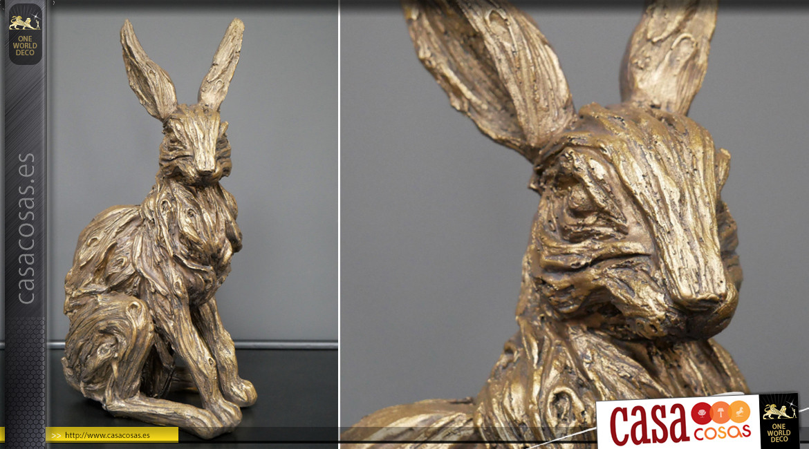 Representación en resina de un conejo salvaje, acabado efecto metal dorado patinado antiguo, atmósfera country chic, 35cm