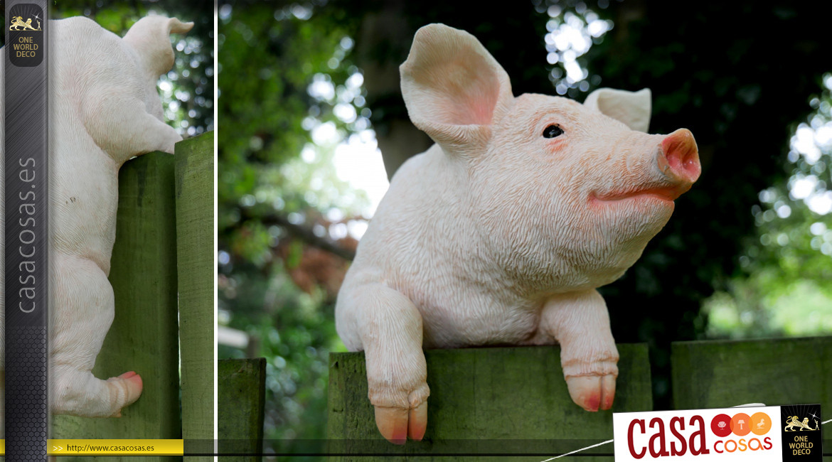 Escultura de resina de un cerdo para instalar en una valla, acabados realistas y una sonrisa, 36cm