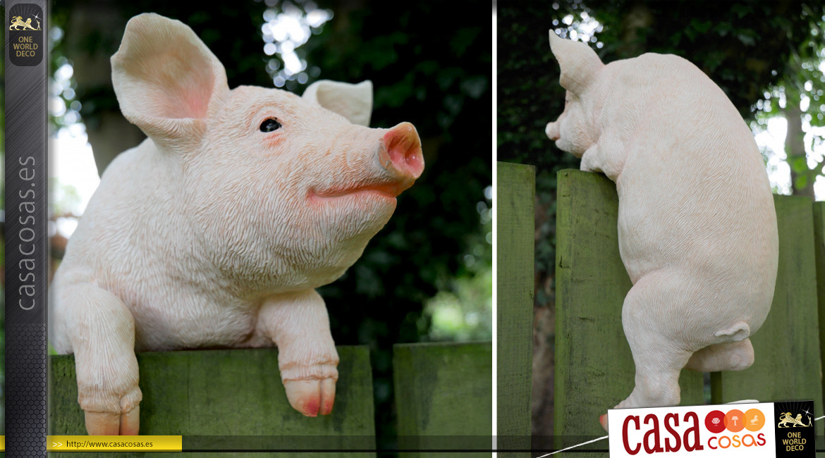 Escultura de resina de un cerdo para instalar en una valla, acabados realistas y una sonrisa, 36cm