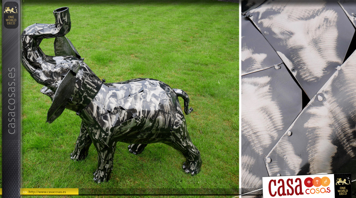 Escultura en metal de un elefante, acabado carbón y plata brillante, envergadura de 125 cm.